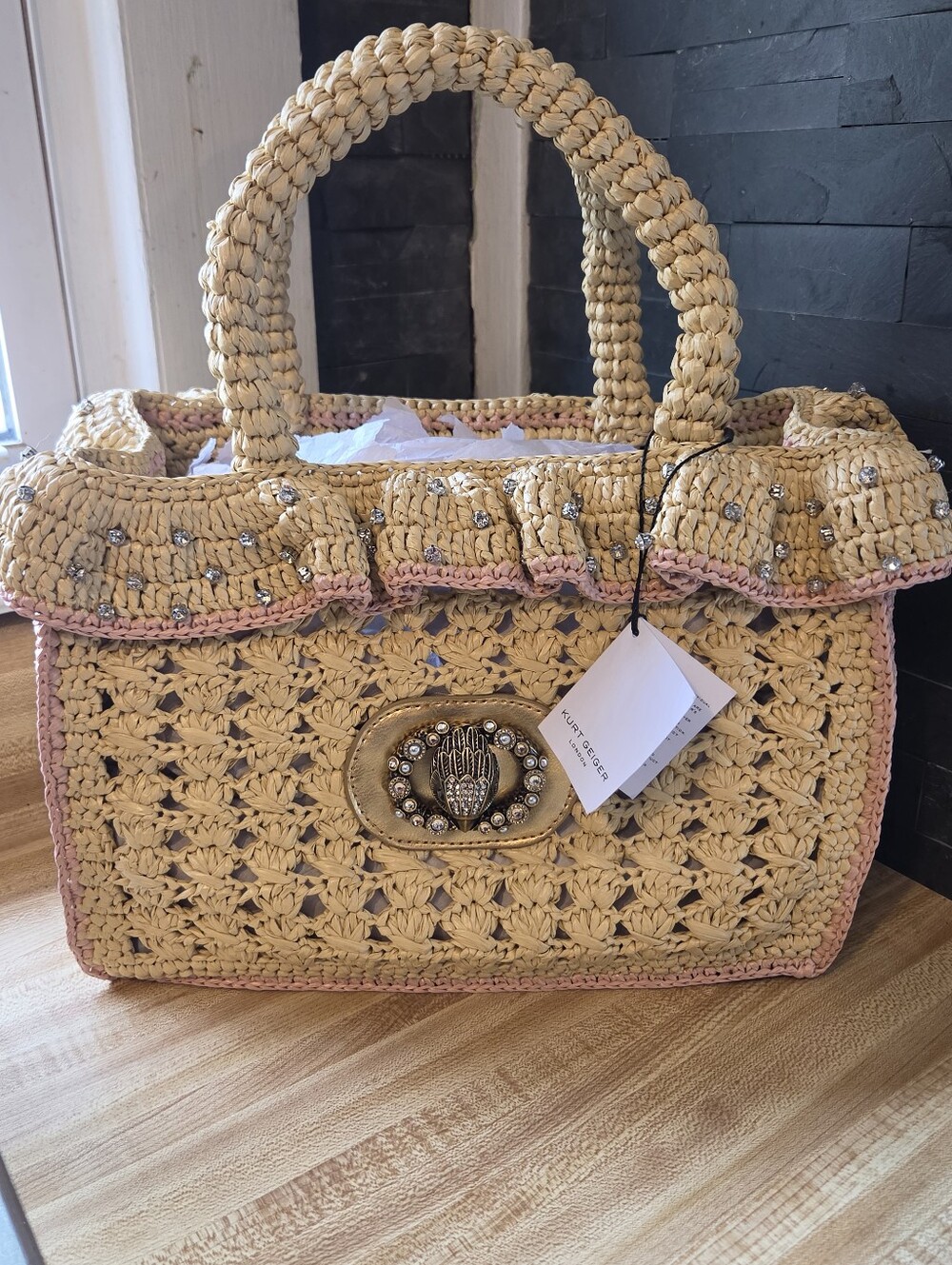 Kurt Geiger Straw Crochet Tote with Pink Trim and Gold Hardware - Picture 1 of 8